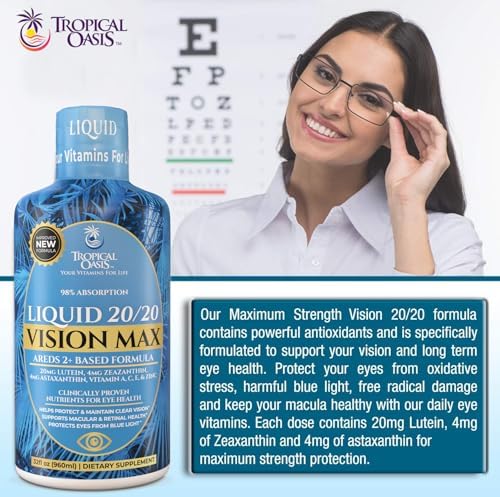 Tropical Oasis 20/20 Vision bottle with Lutein and Zeaxanthin icons