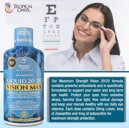 Tropical Oasis 20/20 Vision bottle with Lutein and Zeaxanthin icons