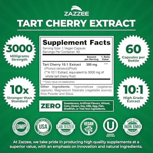 Back label of Zazzee Tart Cherry capsules showing ingredient list