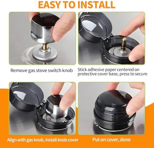 Transparent stove knob protectors showing burner setting visibility.