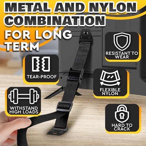 Adjustable nylon safety straps securing a heavy wooden dresser to a bedroom wall