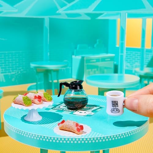 Assorted MGA's Miniverse Cafe Series 6 finished replica treats including coffee cups and savory dishes.
