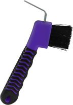 Litoexpe horse hoof pick brush purple front view showing the dual metal hook and bristle design