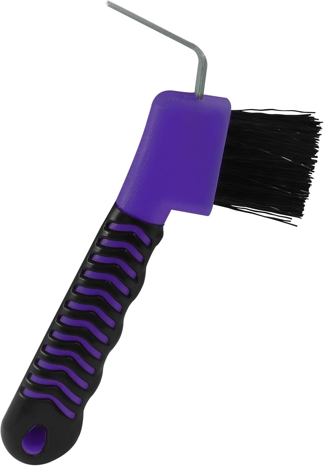 Litoexpe horse hoof pick brush purple front view showing the dual metal hook and bristle design