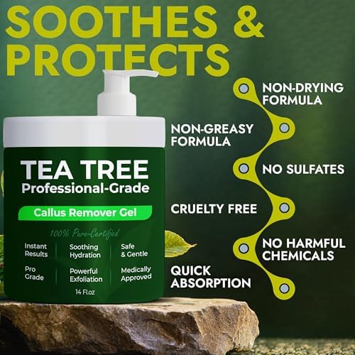 Callus remover gel bottle showing 14 fluid ounce size and tea tree oil ingredients.