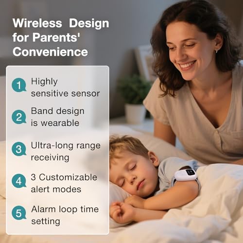 Rechargeable enuresis alarm showing waterproof clip and wristband receiver.