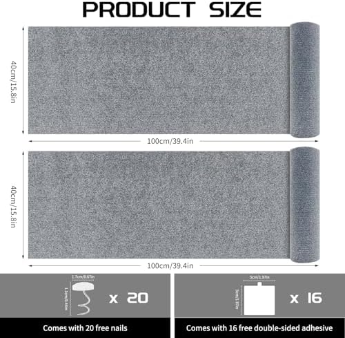 Self adhesive cat scratching pad applied to the corner of a light grey fabric sofa.