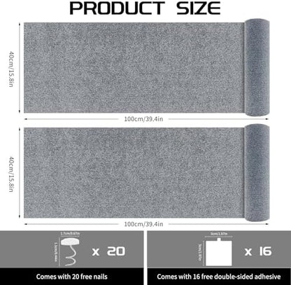 Self adhesive cat scratching pad applied to the corner of a light grey fabric sofa.