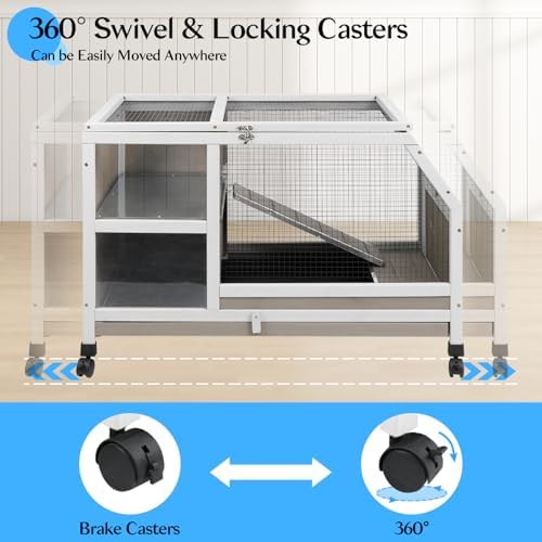 36''L Rabbit Hutch Outdoor with Casters and Run, Wooden Indoor 2 Story Guinea Pig Cage with Divider Panel, Pull Out Tray, Rabbit Duck Bunny House for Small to Medium Animals and Pet Lover, Gray - Image 5