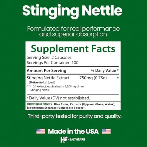 Side view of HealthFare Urtica dioica herbal supplement showcasing clean label vegan and non GMO seals