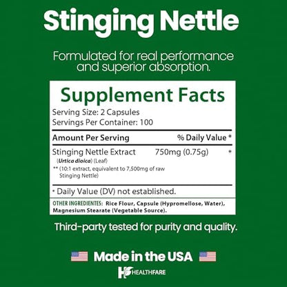 Side view of HealthFare Urtica dioica herbal supplement showcasing clean label vegan and non GMO seals