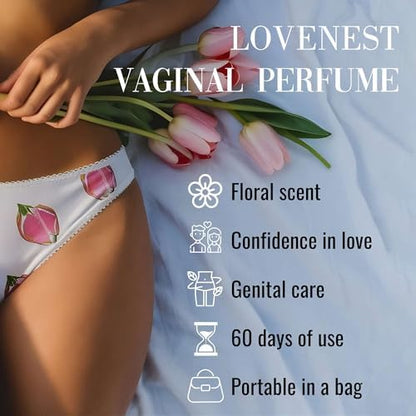 Lovenest Vulva Perfume by Marqueens Beauty featuring hyaluronic acid and L-arginine.