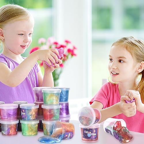 Children stretching the non sticky galaxy putty toy to show its soft texture