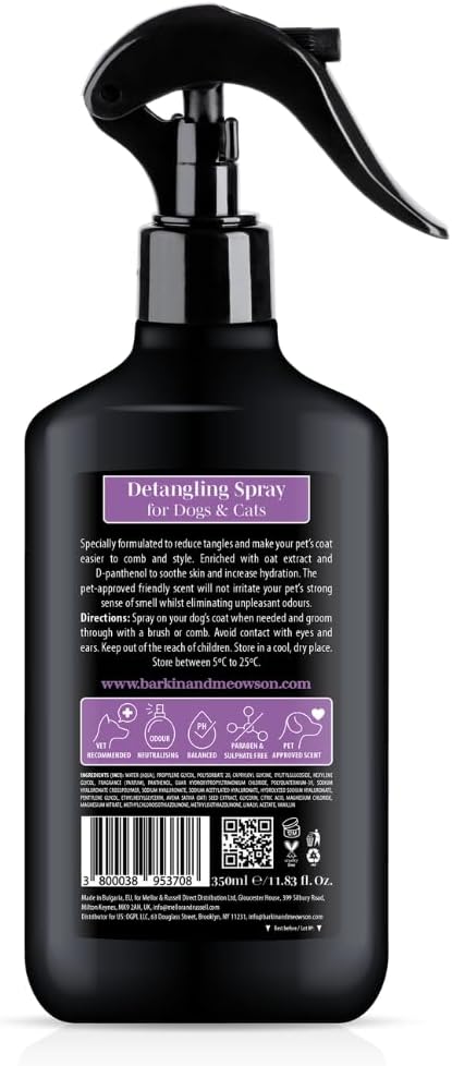 Close up of Barkin And Meowson pet detangler bottle branding
