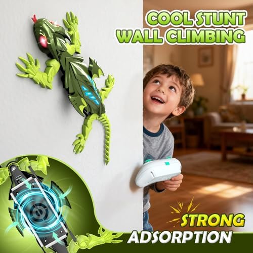 Rechargeable wall crawler gecko robot climbing on a bedroom wall