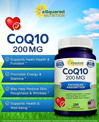 Side angle of aSquared Nutrition Coenzyme Q10 showing high absorption vegan ubiquinone powder details