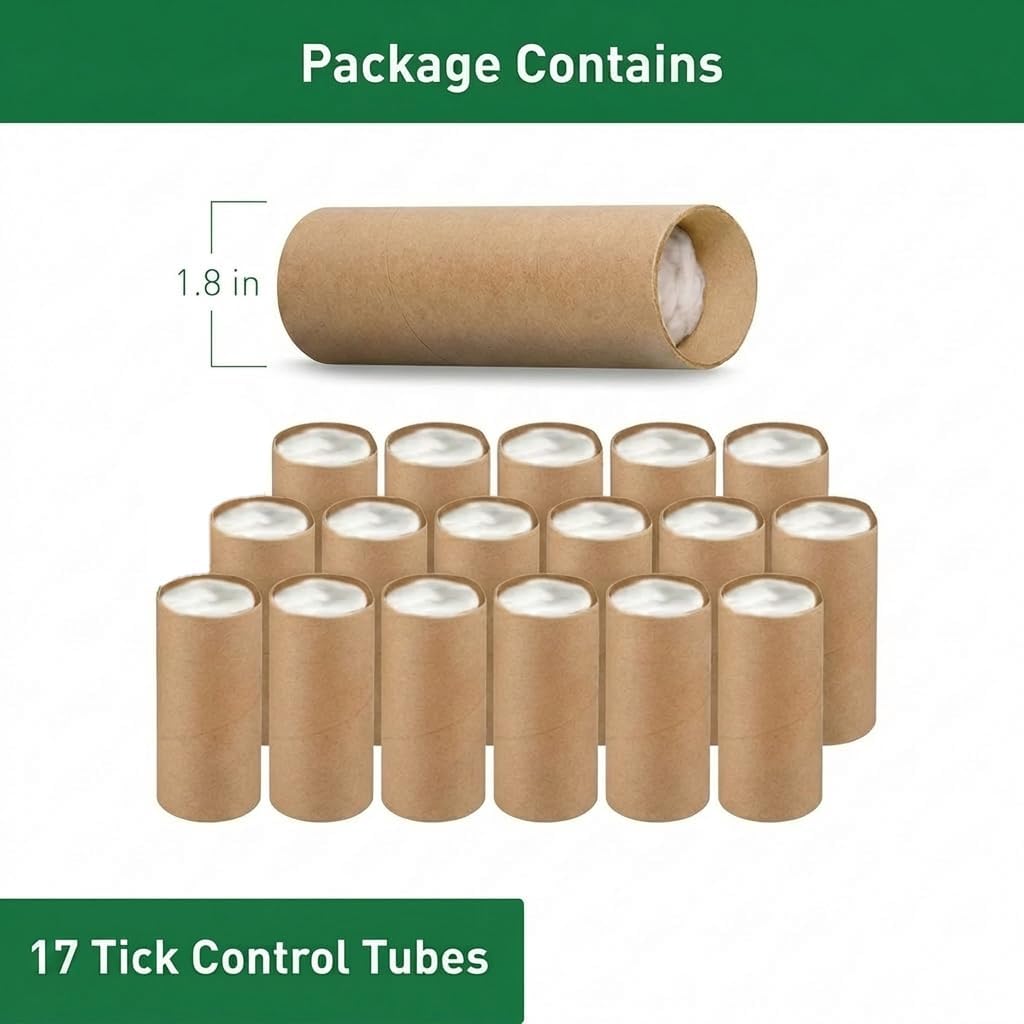 Dewomer tick prevention tubes in outdoor lawn setting