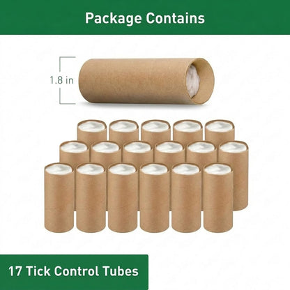 Dewomer tick prevention tubes in outdoor lawn setting