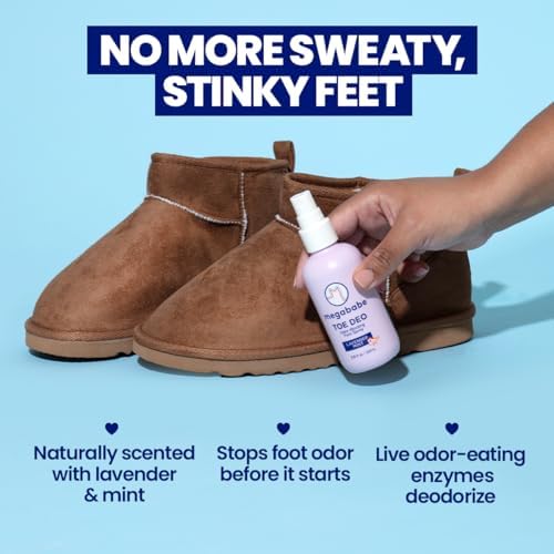 Lavender Mint Megababe foot deodorant spray bottle showing 3.8 fluid ounce size.