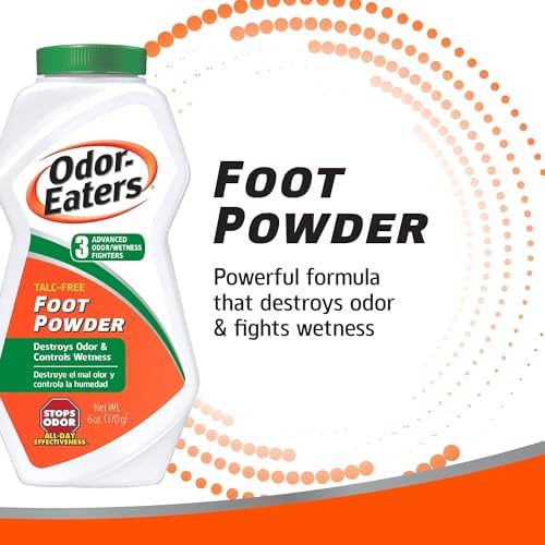 Pack of four Odor-Eaters talc-free foot powder bottles for sweat protection.
