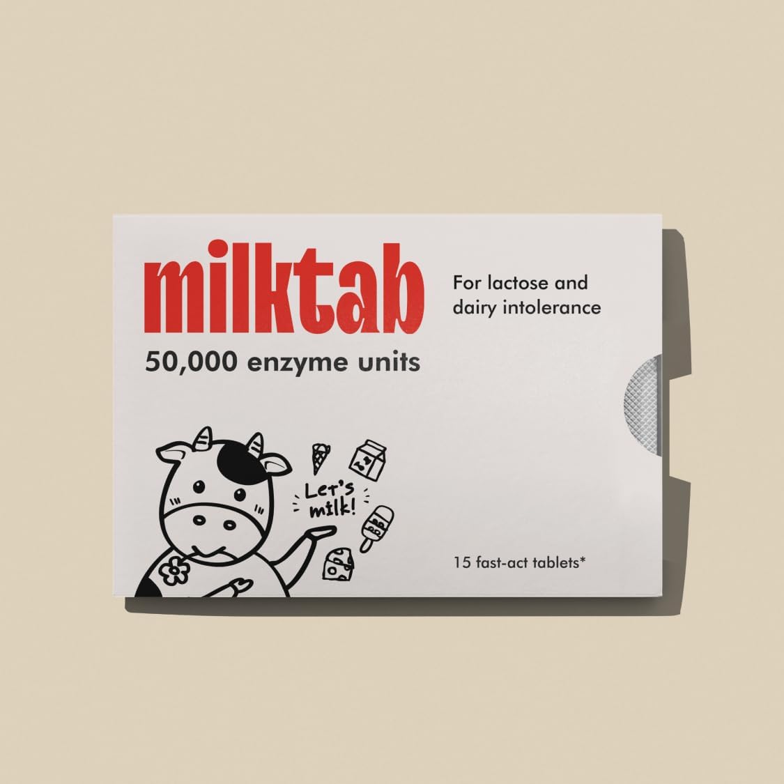 Milktab Superpowered Lactase Enzyme Tablets front view packaging for dairy digestion supplement