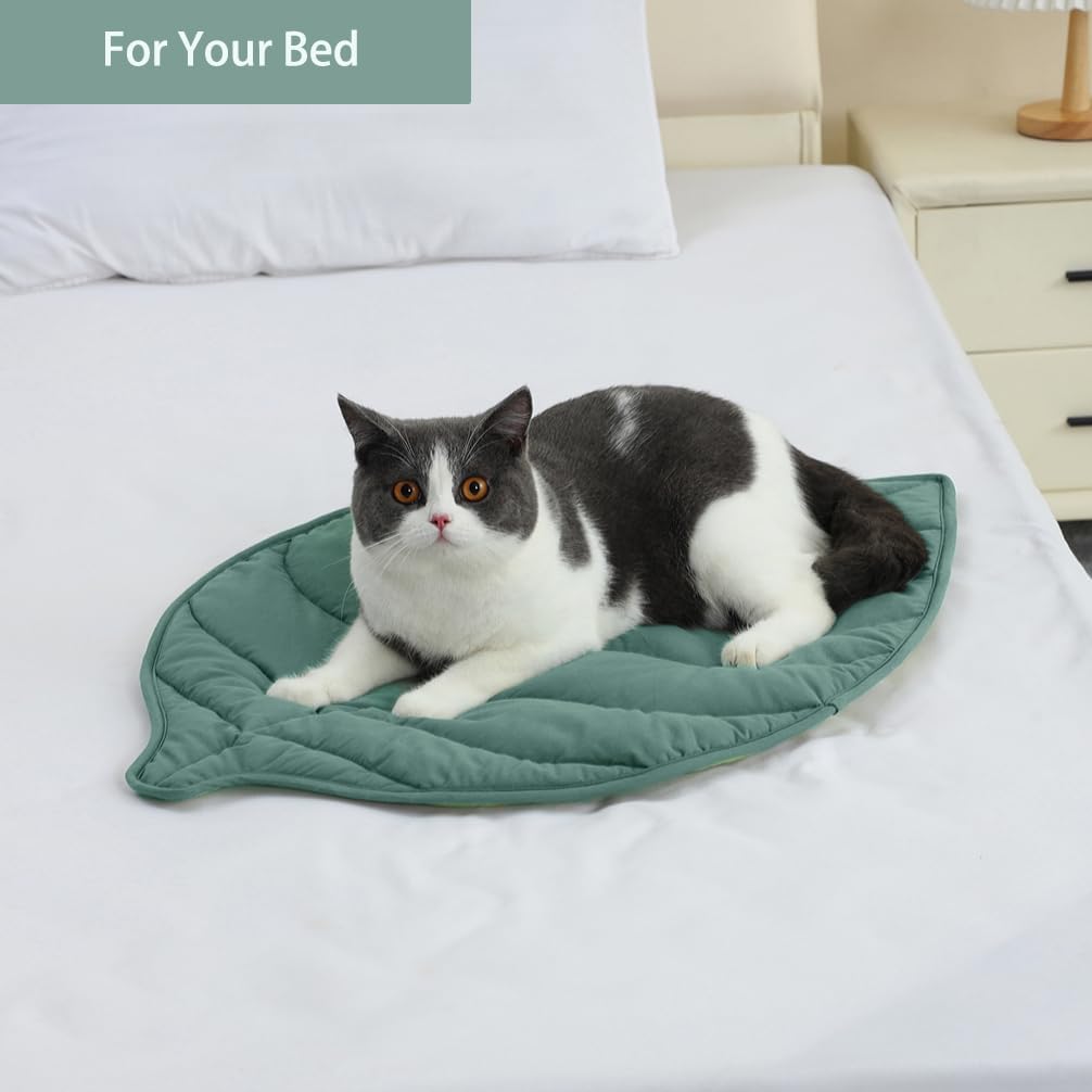 Letalong machine washable leaf shaped cat cushion being handled after unpacking