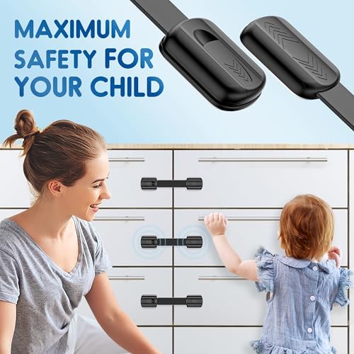 Close up view of the heavy duty adhesive child safety latch mounted onto a sleek black refrigerator door.