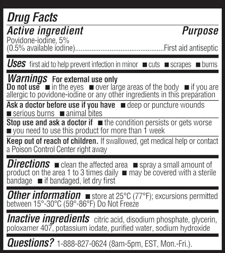 Authentic USA imported Betadine first aid spray packaging details.
