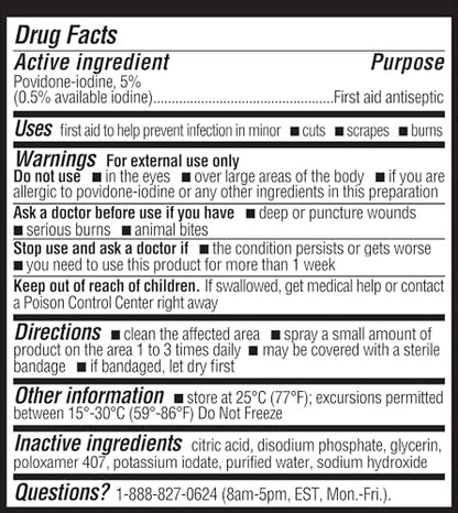 Authentic USA imported Betadine first aid spray packaging details.