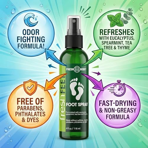 Fresh Body deodorizing spray applied to athletic shoes for shoe odor removal.