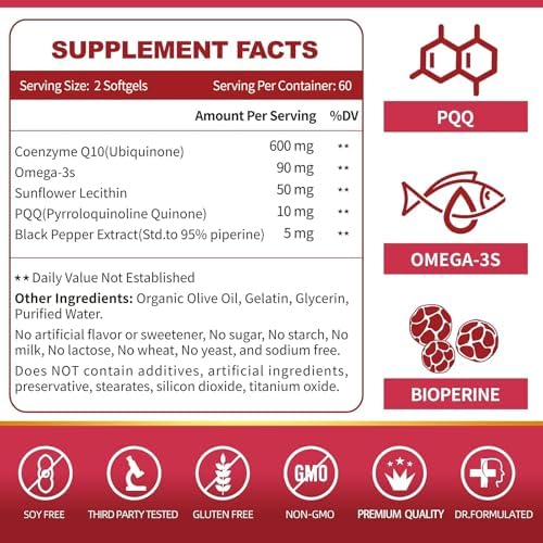 Evorina Zebora Coenzyme Q10 supplement facts panel showing 600mg dosage and active ingredients