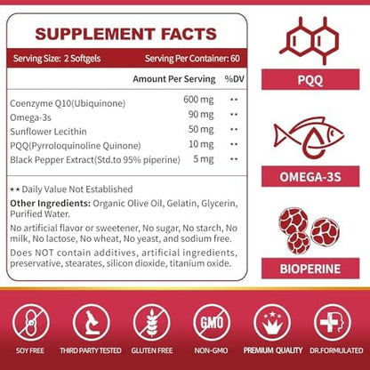 Evorina Zebora Coenzyme Q10 supplement facts panel showing 600mg dosage and active ingredients