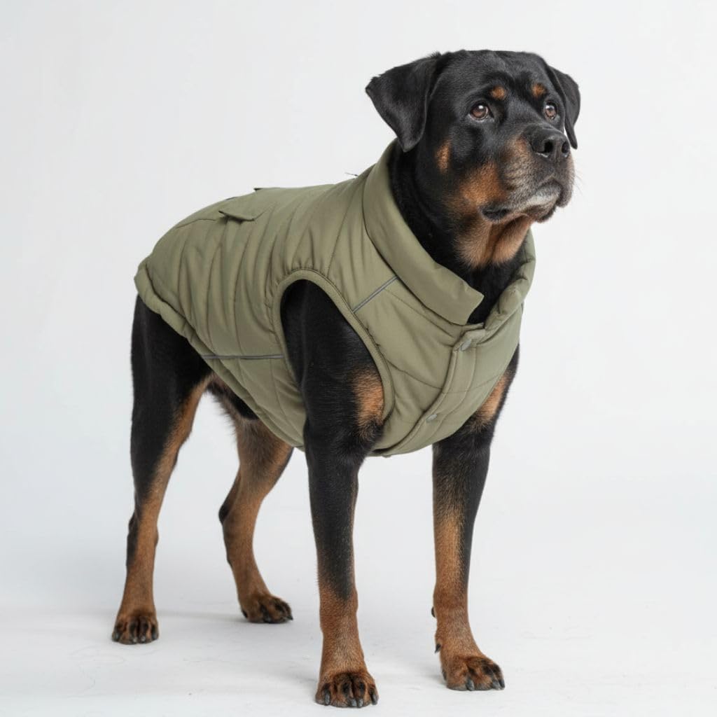 Spark Paws windproof dog jacket highlighting the reflective zippered storage pocket
