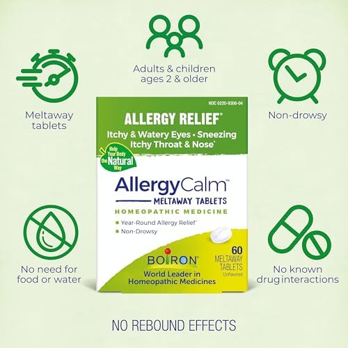 Boiron AllergyCalm 60 count box showcasing natural active ingredients