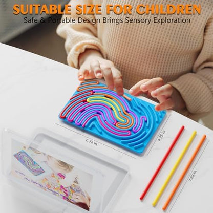 Full package contents of the Spkwis sensory fidget toy kit including the travel bag, colorful silicone strings, and dual-sided board.