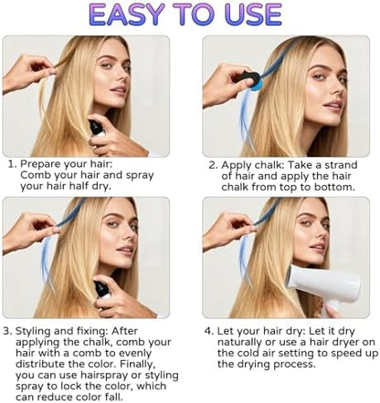 Person applying blue hair chalk to hair strand