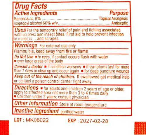 USA imported First Aid Only sting relief pads showing active ingredients for itch relief.