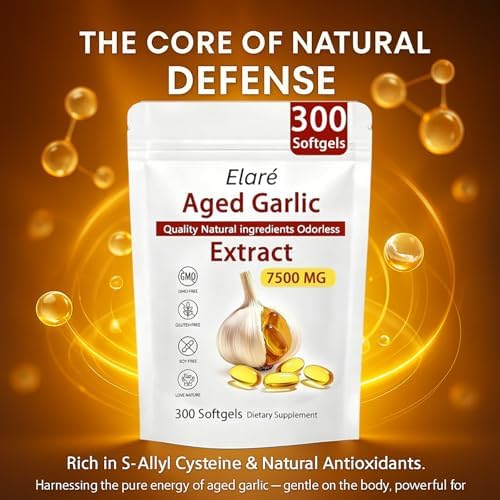 High potency 7500mg aged garlic supplement packaging with non GMO and gluten free labels.