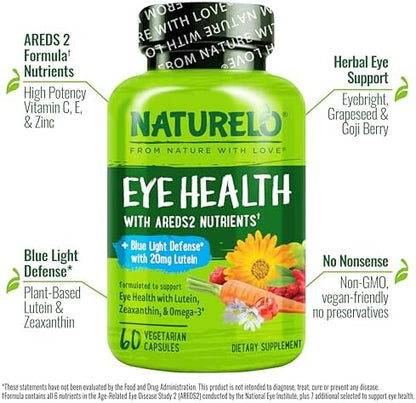 Naturelo Eye Vitamins label highlighting AREDS 2 ingredients
