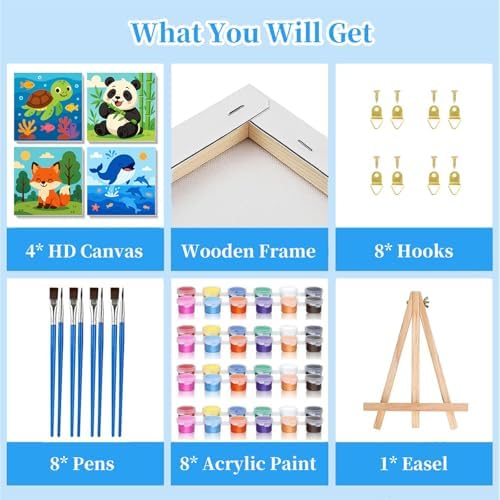 Complete contents of the Arttoplus kids painting kit arranged neatly on a table