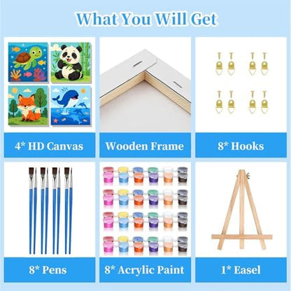 Complete contents of the Arttoplus kids painting kit arranged neatly on a table