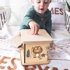 BloomOwl handmade wooden savings bank showing the functional top coin slot details