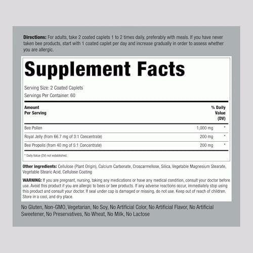 Piping Rock Supreme Bee Pollen Complex nutritional supplement label details
