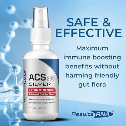 Results RNA ACS 200 colloidal silver 2 ounce bottle showing dosage instructions