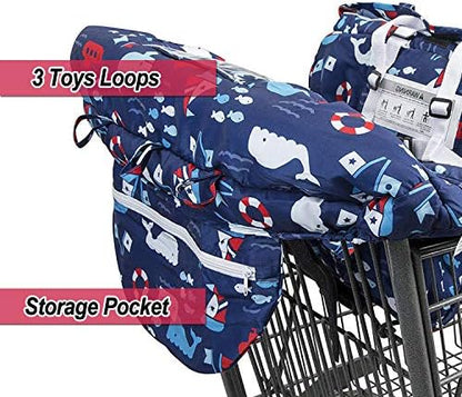 Back view of the Love&go blue whale infant cart cover demonstrating the plush padded cushioning.