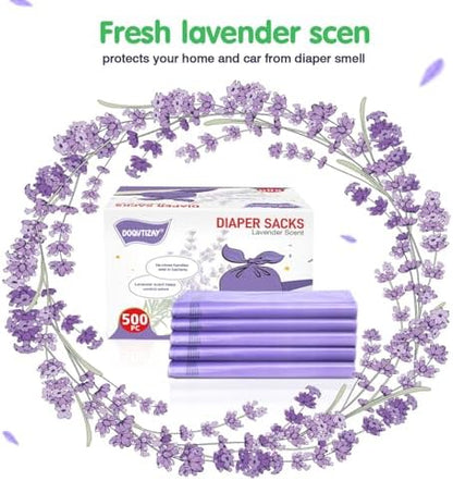 Lavender scented diaper sacks showing easy to tie tabs