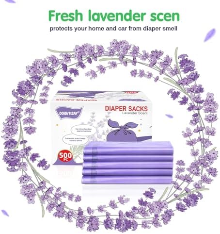 Lavender scented diaper sacks showing easy to tie tabs