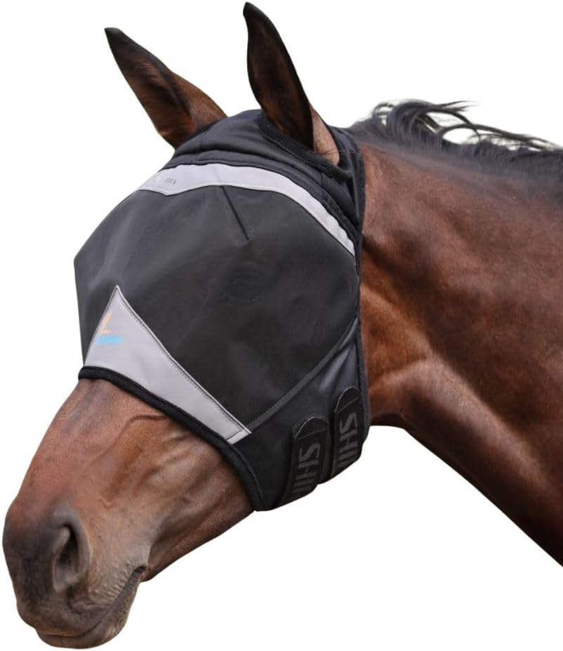 Side profile of Shires FlyGuard Pro mask with structured eye visor