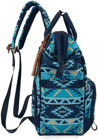 Wrangler navy blue daypack close-up of signature logo patch and zipper details
