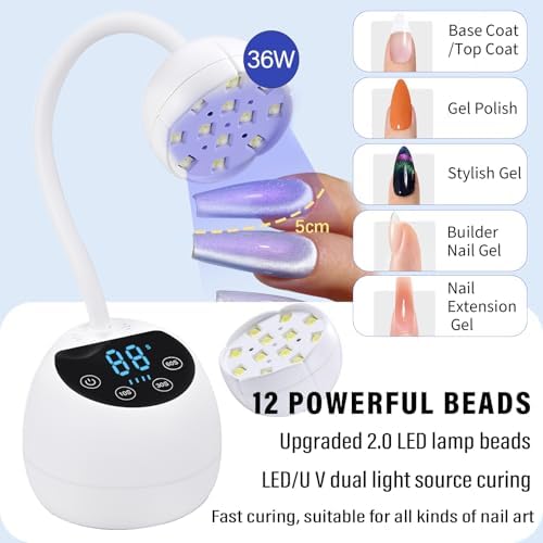 White rechargeable flash cure nail light with flexible gooseneck angled over hand